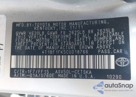 2012 Toyota Camry Se from USA, damaged, VIN 4T1BF1FK5CU018766